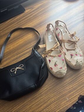 Satin Floral Embroidered Espadrilles in Beige and black purse